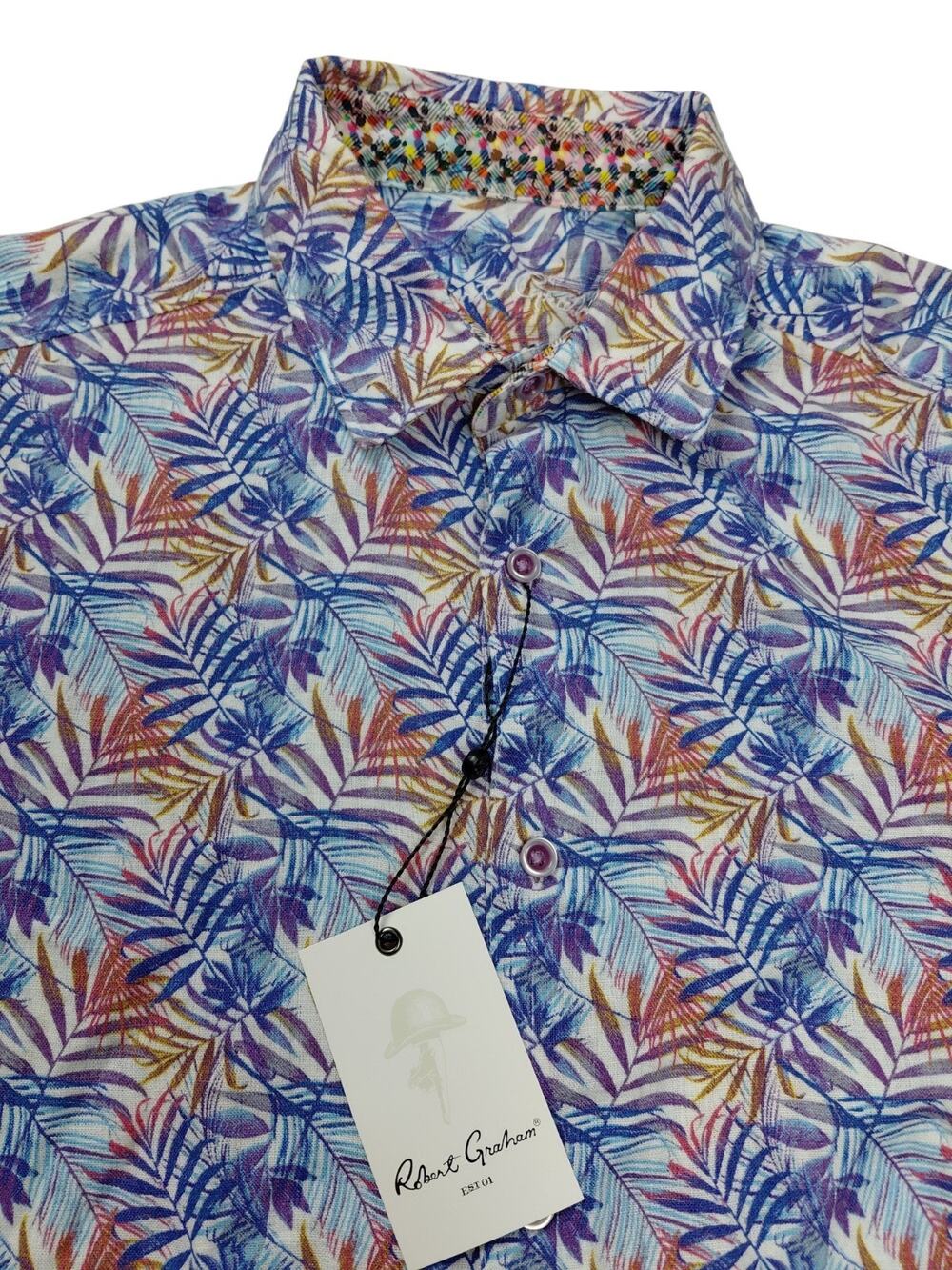 Robert Graham Teigen Shirt Mens Size M Multi Tropical Short Sleeve Linen Blend